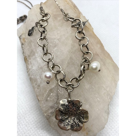 L&B Jewelry - Vintage B‎ 925 Flower Pearl Leaf Pendant 17'' Necklace Sterling 925 Silver 7.5g